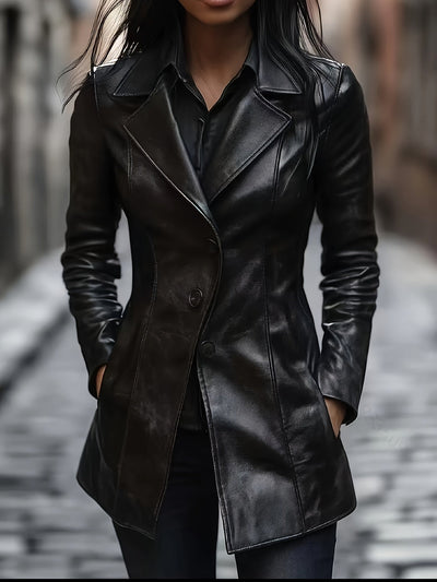 Atara – Elegant PU Vegan Leather Coat with Lapels & A-Line Cut