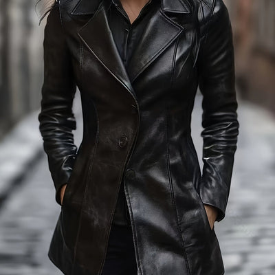 Atara – Elegant PU Vegan Leather Coat with Lapels & A-Line Cut