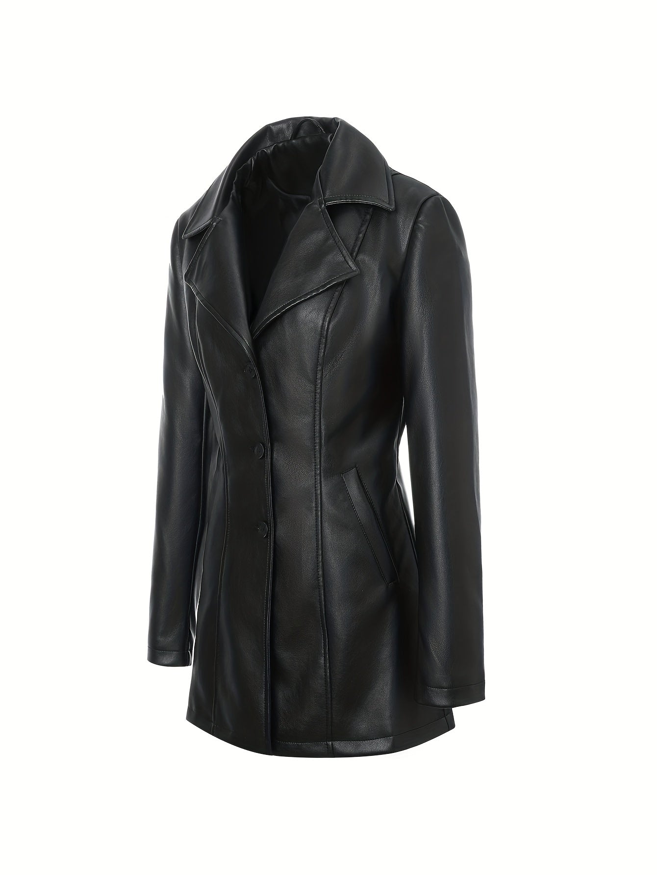Atara – Elegant PU Vegan Leather Coat with Lapels & A-Line Cut