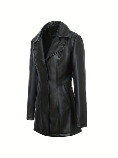 Atara – Elegant PU Vegan Leather Coat with Lapels & A-Line Cut