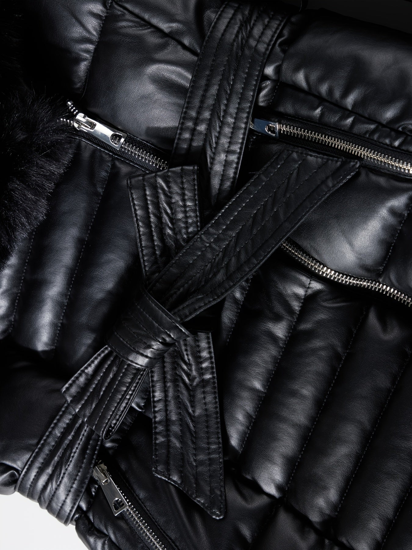 Leather Jacket with Faux Fur Hood and Belt Detail