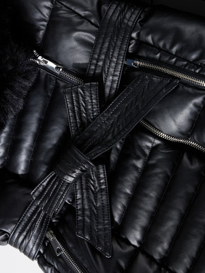 Leather Jacket with Faux Fur Hood and Belt Detail
