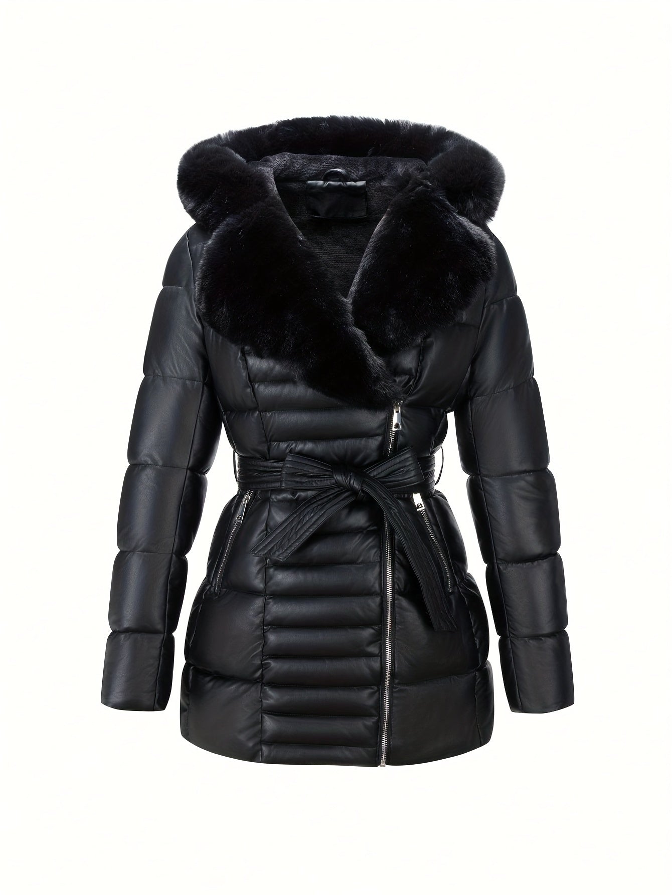 Leather Jacket with Faux Fur Hood and Belt Detail
