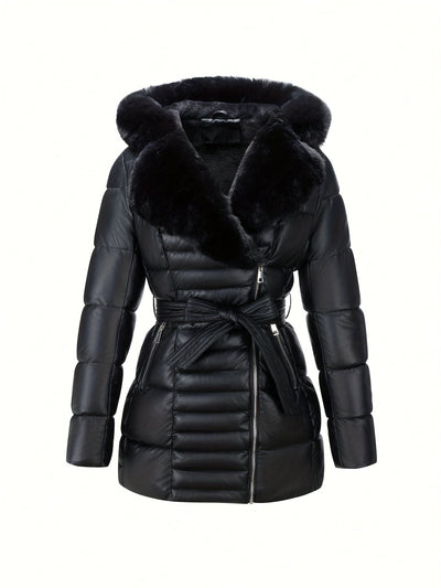 Leather Jacket with Faux Fur Hood and Belt Detail
