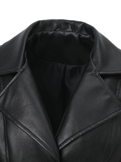 Atara – Elegant PU Vegan Leather Coat with Lapels & A-Line Cut