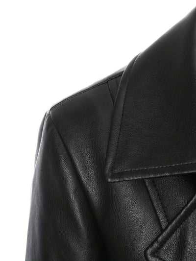 Atara – Elegant PU Vegan Leather Coat with Lapels & A-Line Cut