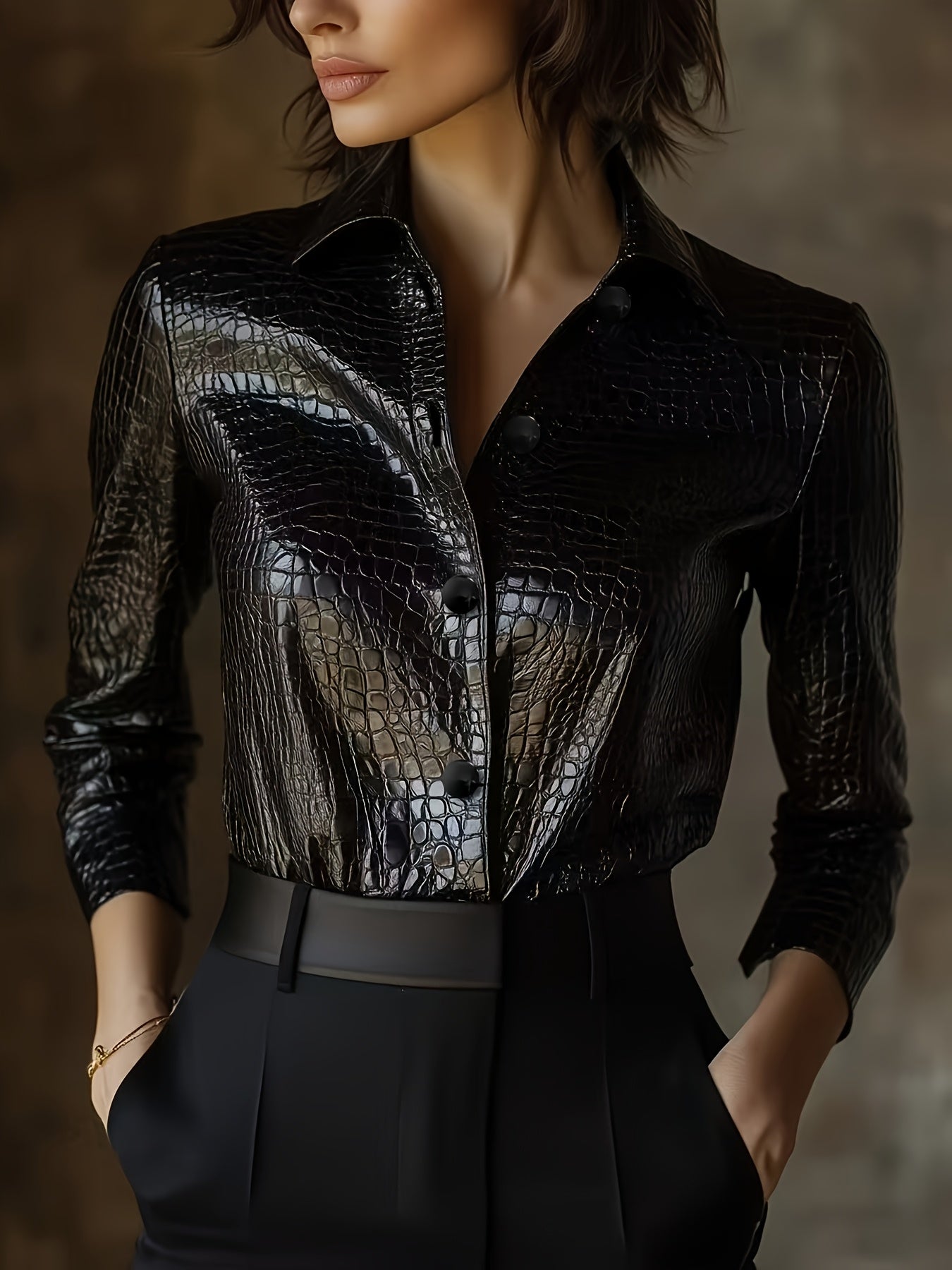 Samara – Black Jacket with Crocodile Embossing & Casual Cut