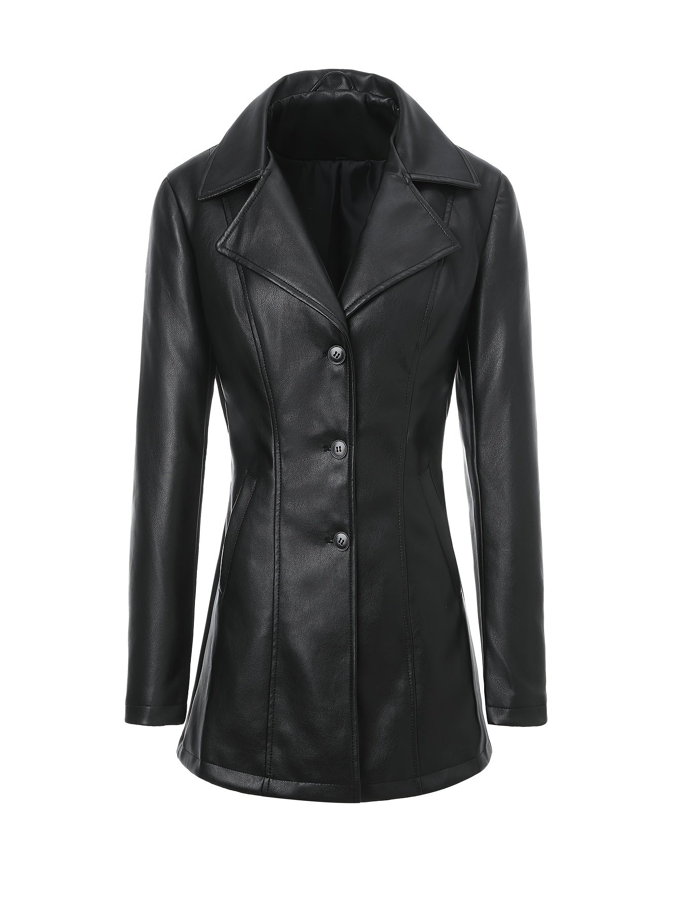 Atara – Elegant PU Vegan Leather Coat with Lapels & A-Line Cut