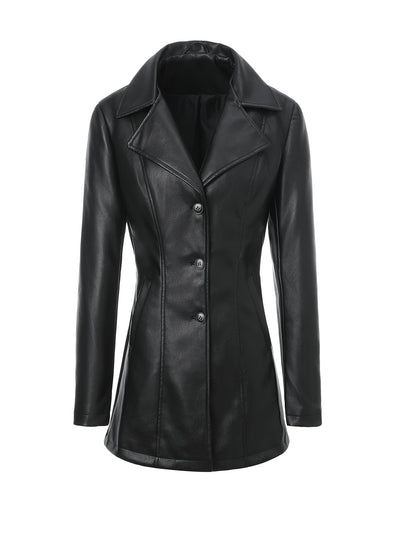 Atara – Elegant PU Vegan Leather Coat with Lapels & A-Line Cut