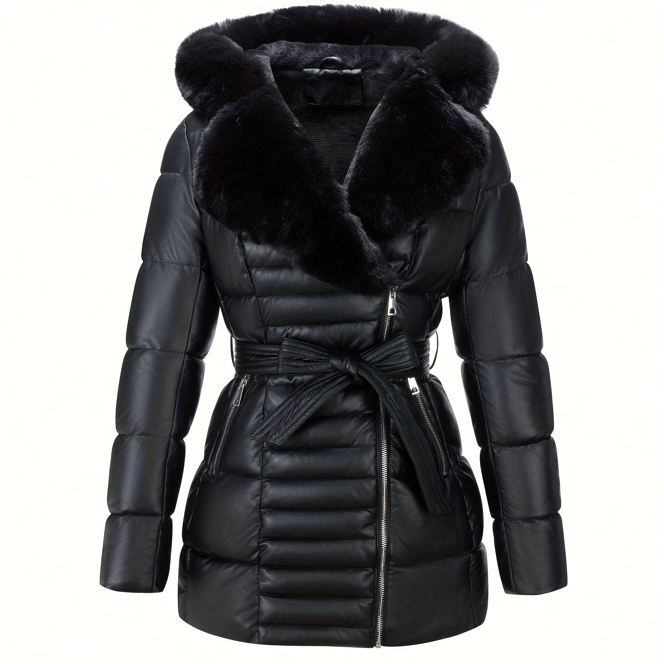 Leather Jacket with Faux Fur Hood and Belt Detail