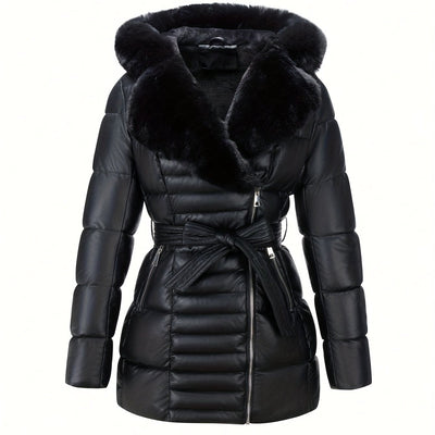 Leather Jacket with Faux Fur Hood and Belt Detail
