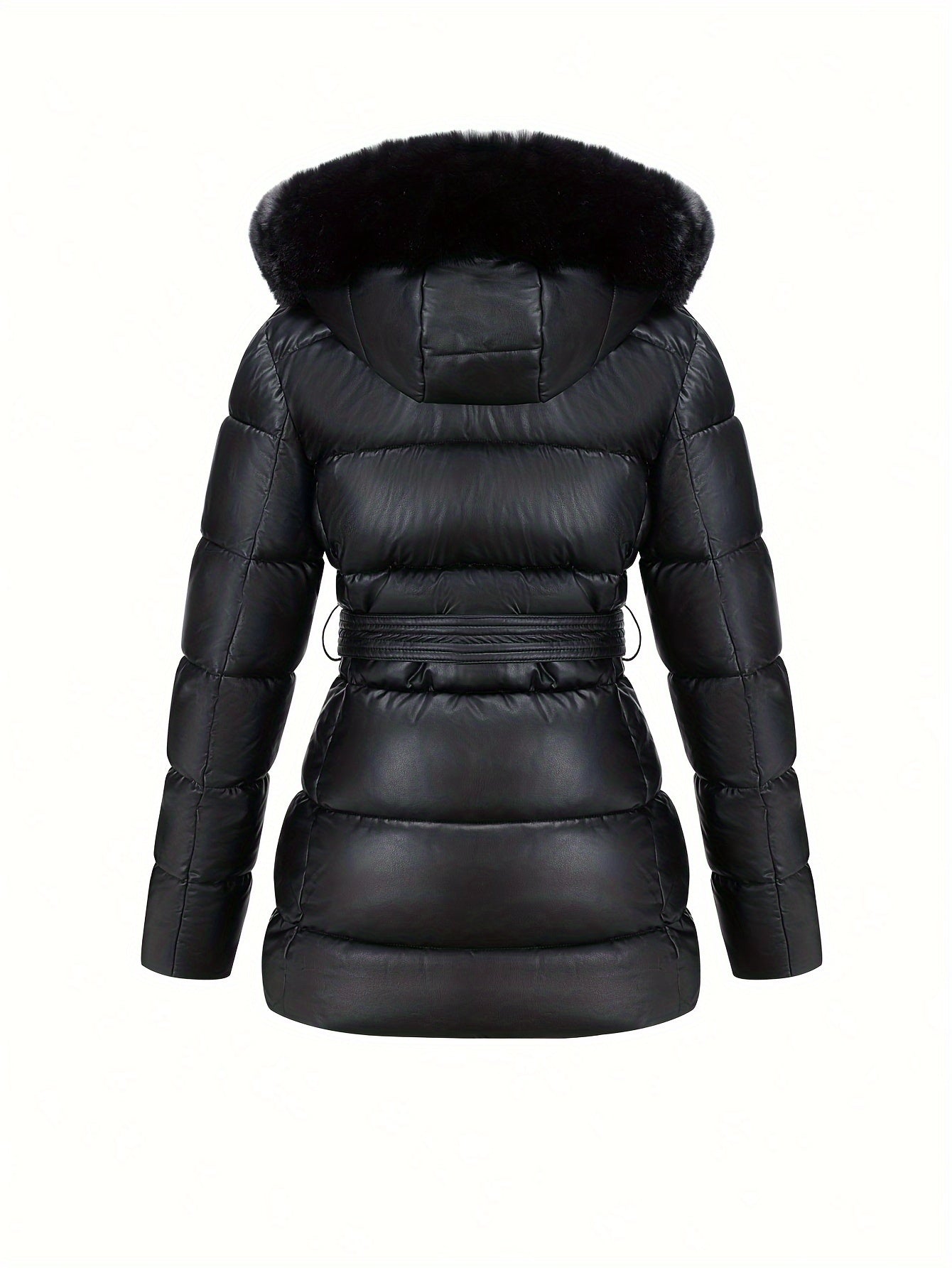 Leather Jacket with Faux Fur Hood and Belt Detail