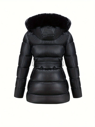 Leather Jacket with Faux Fur Hood and Belt Detail