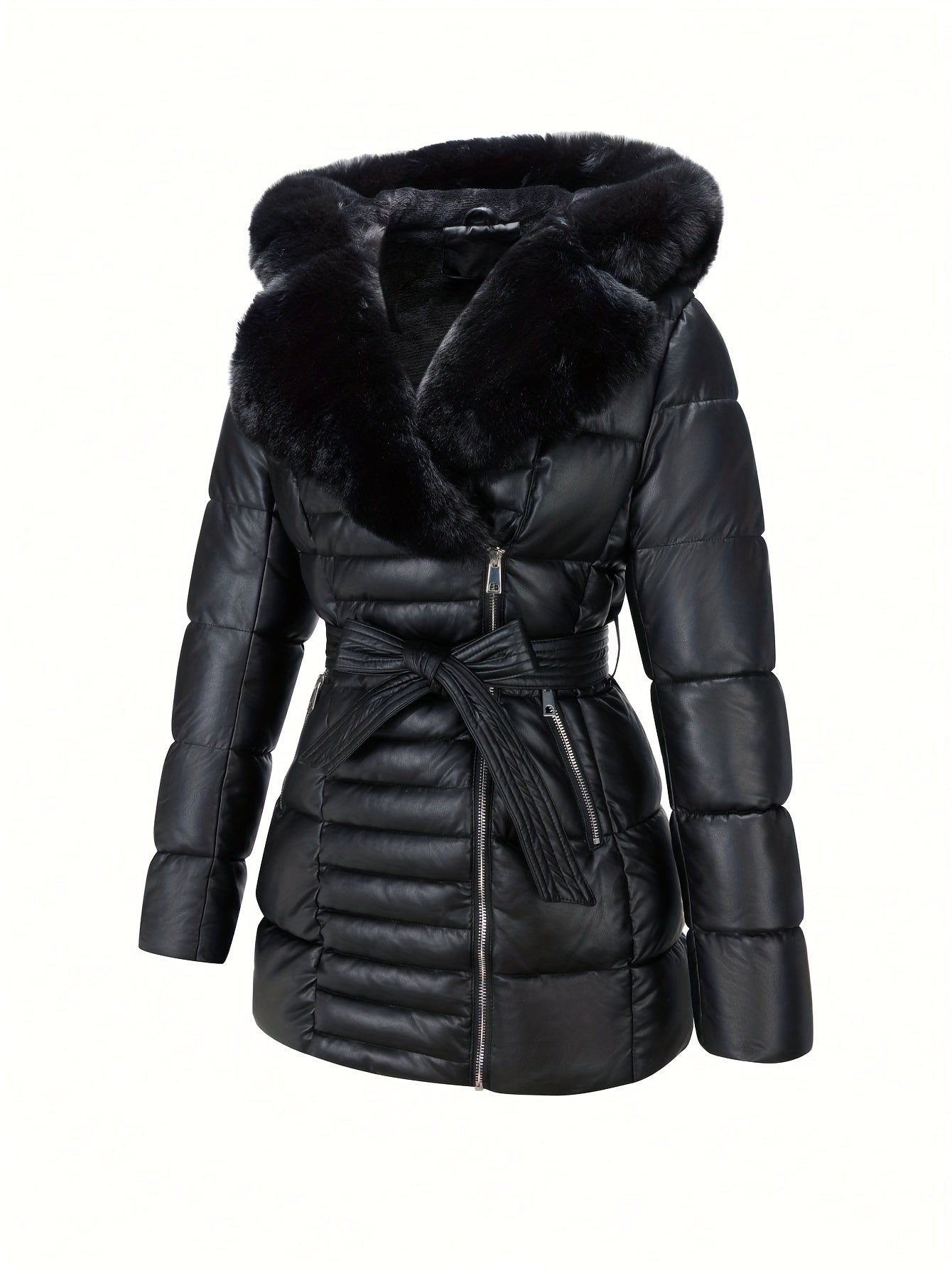 Leather Jacket with Faux Fur Hood and Belt Detail