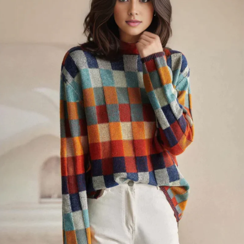Adalynn | Colorful Turtleneck Sweater with Patchwork Knit Pattern