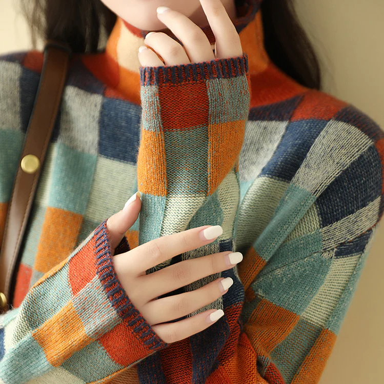 Adalynn | Colorful Turtleneck Sweater with Patchwork Knit Pattern