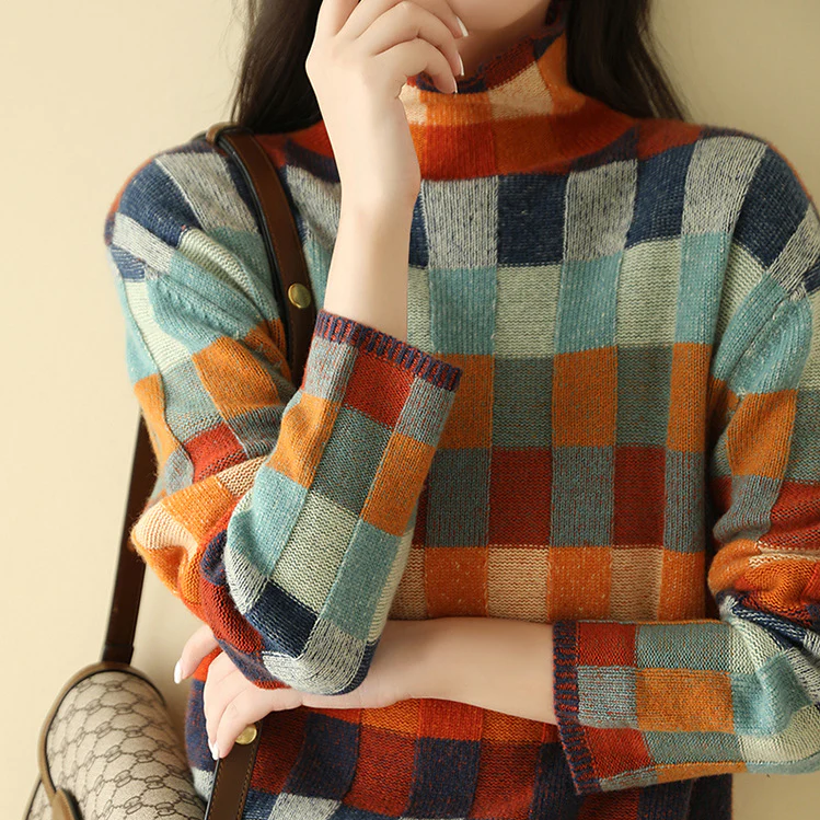 Adalynn | Colorful Turtleneck Sweater with Patchwork Knit Pattern
