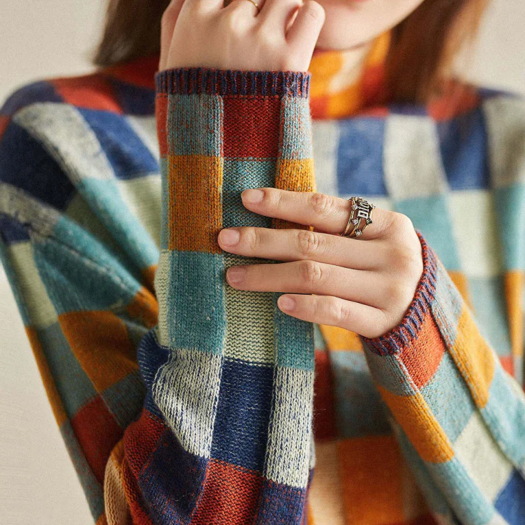 Adalynn | Colorful Turtleneck Sweater with Patchwork Knit Pattern